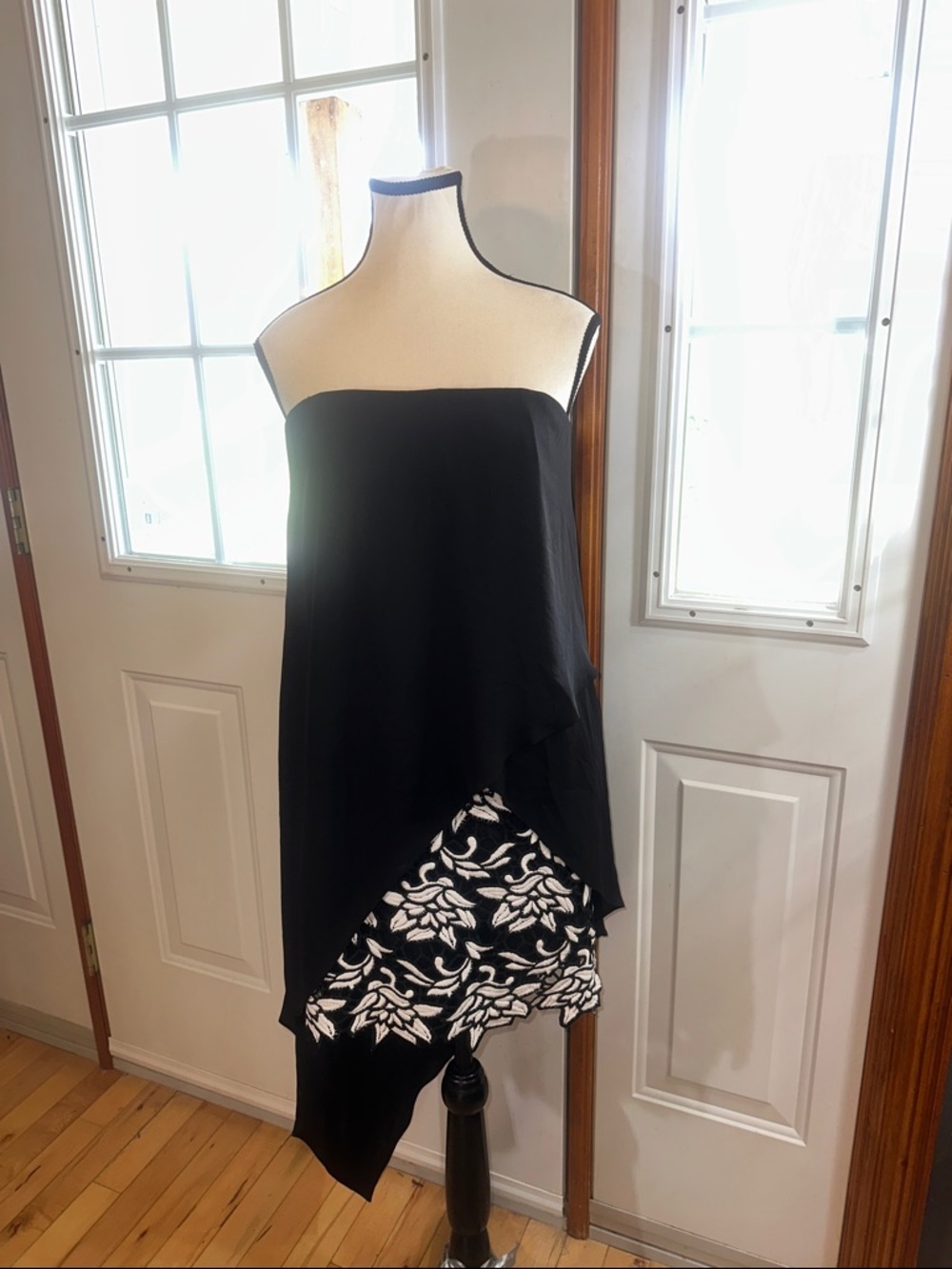 BCBGMaxAzria Black Strapless Asymmetric Dress with White Floral Lace Layer